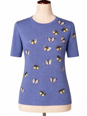 Vintage sequin bee top/ short sleeve blue knit blouse.  Asymmetrical appliqués S